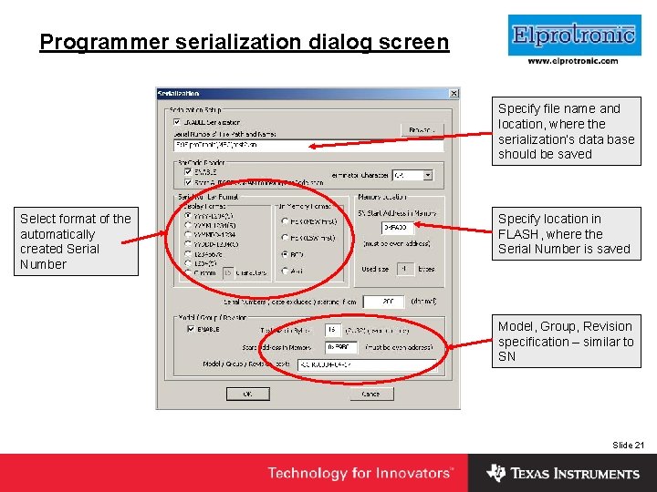 Programmer serialization dialog screen Insert Company Logo Here Specify file name and location, where