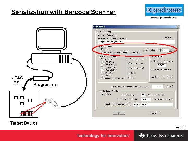 Serialization with Barcode Scanner JTAG BSL Insert Company Logo Here Programmer Target Device Slide