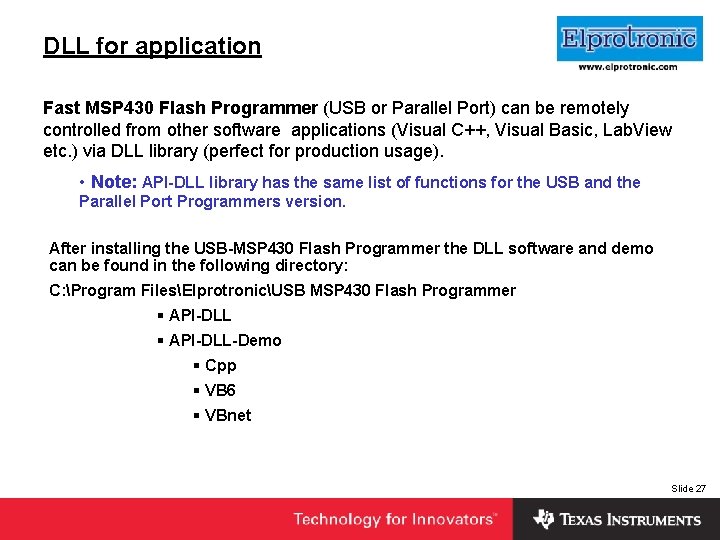 DLL for application Insert Company Logo Here Fast MSP 430 Flash Programmer (USB or