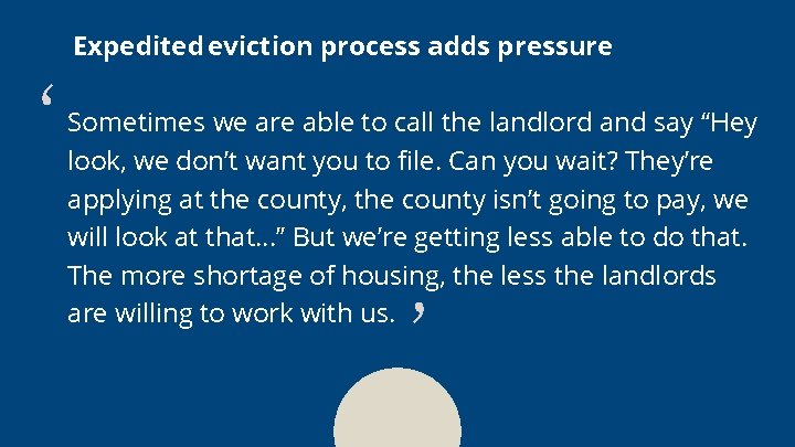 Expedited eviction process adds pressure Sometimes we are able to call the landlord and