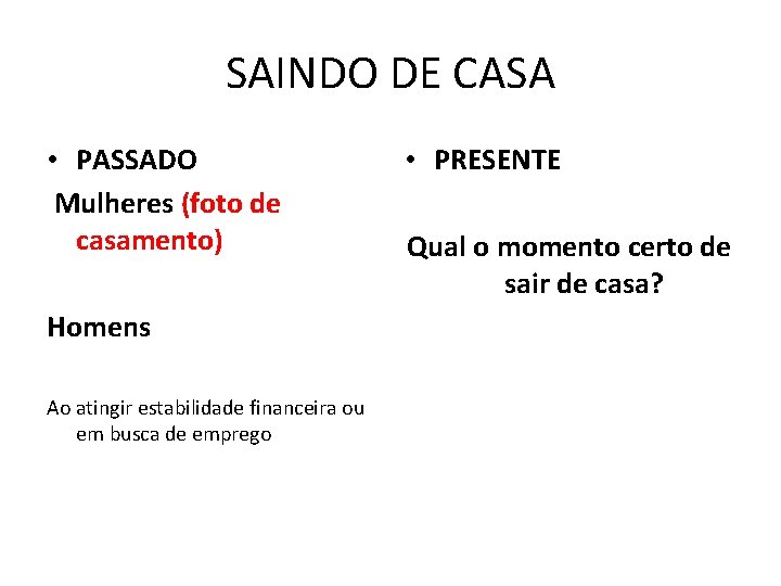 SAINDO DE CASA • PASSADO Mulheres (foto de casamento) Homens Ao atingir estabilidade financeira