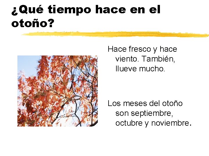 ¿Qué tiempo hace en el otoño? Hace fresco y hace viento. También, llueve mucho.
