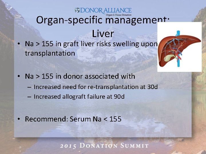 Organ-specific management: Liver • Na > 155 in graft liver risks swelling upon transplantation