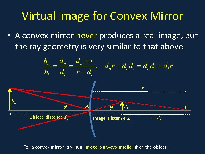 Virtual Image for Convex Mirror • A convex mirror never produces a real image,