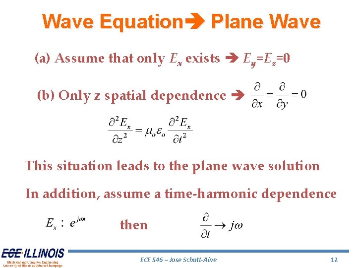 Wave Equation Plane Wave (a) Assume that only Ex exists Ey=Ez=0 (b) Only z