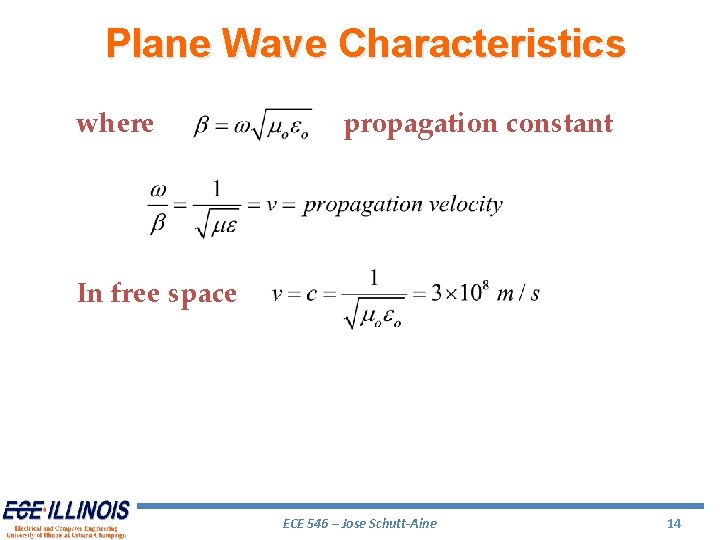 Plane Wave Characteristics where propagation constant In free space ECE 546 – Jose Schutt-Aine