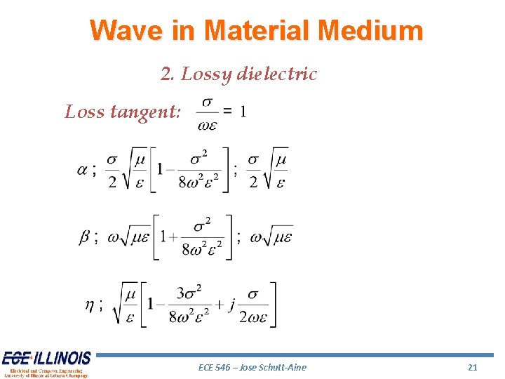 Wave in Material Medium 2. Lossy dielectric Loss tangent: ECE 546 – Jose Schutt-Aine