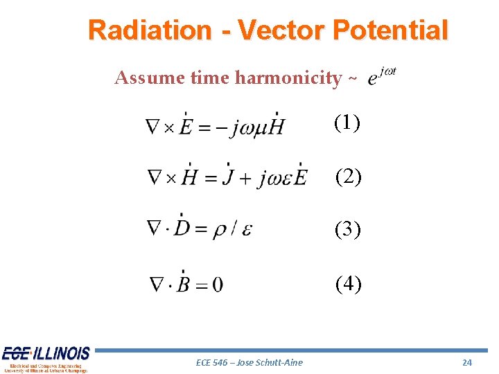Radiation - Vector Potential Assume time harmonicity ~ (1) (2) (3) (4) ECE 546
