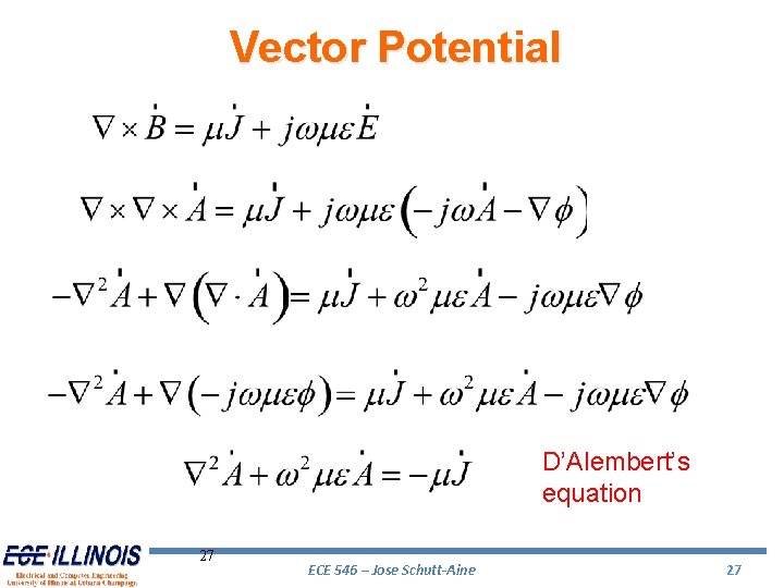 Vector Potential D’Alembert’s equation 27 ECE 546 – Jose Schutt-Aine 27 