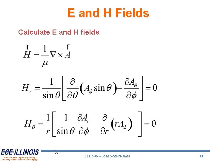 E and H Fields Calculate E and H fields 31 ECE 546 – Jose