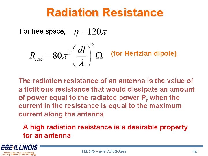 Radiation Resistance For free space, (for Hertzian dipole) The radiation resistance of an antenna