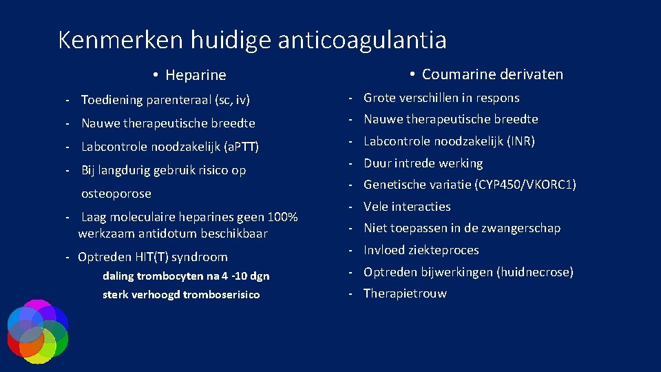 Kenmerken huidige anticoagulantia • Heparine • Coumarine derivaten - Toediening parenteraal (sc, iv) -