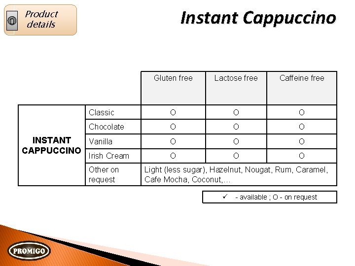 Instant Cappuccino Product details Gluten free Lactose free Caffeine free Classic O O O