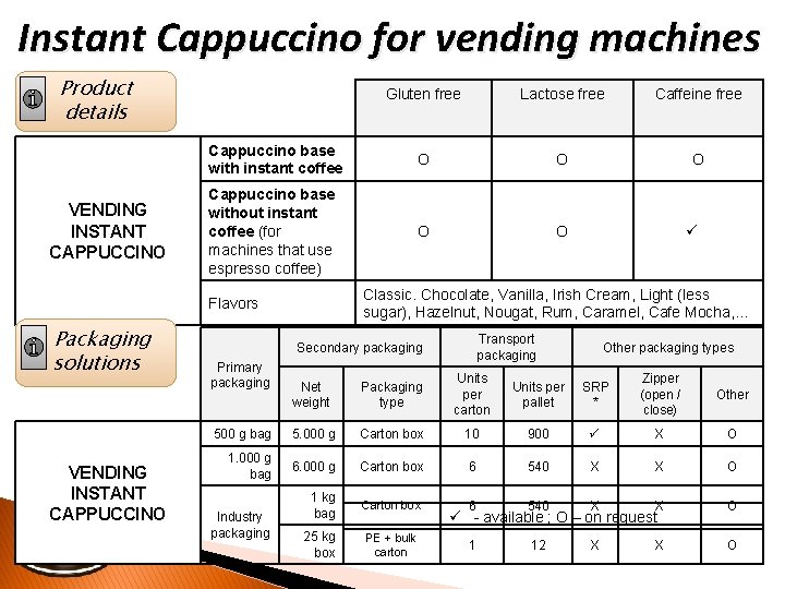 Instant Cappuccino for vending machines Product details VENDING INSTANT CAPPUCCINO Gluten free Lactose free