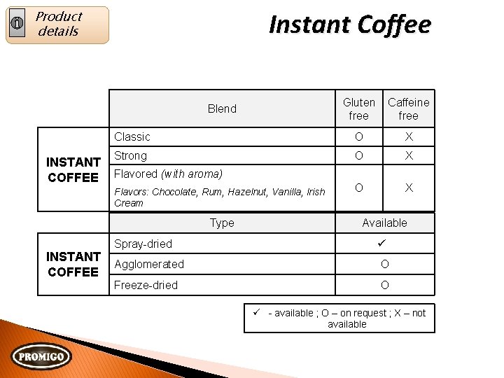 Product details Instant Coffee Gluten free Caffeine free Classic O X Strong O X
