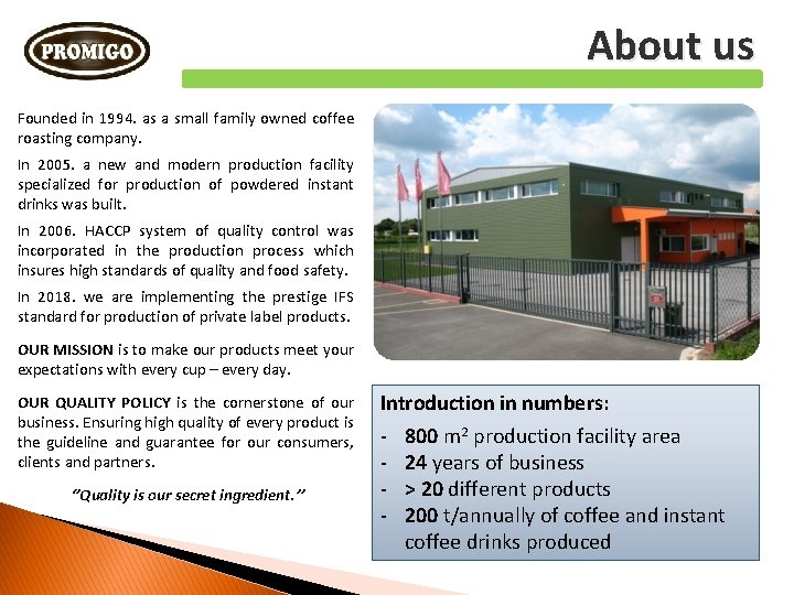 About us Founded in 1994. as a small family owned coffee roasting company. In