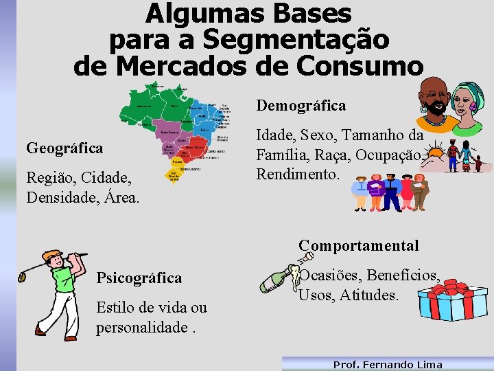 Algumas Bases para a Segmentação de Mercados de Consumo Demográfica Geográfica Região, Cidade, Densidade,