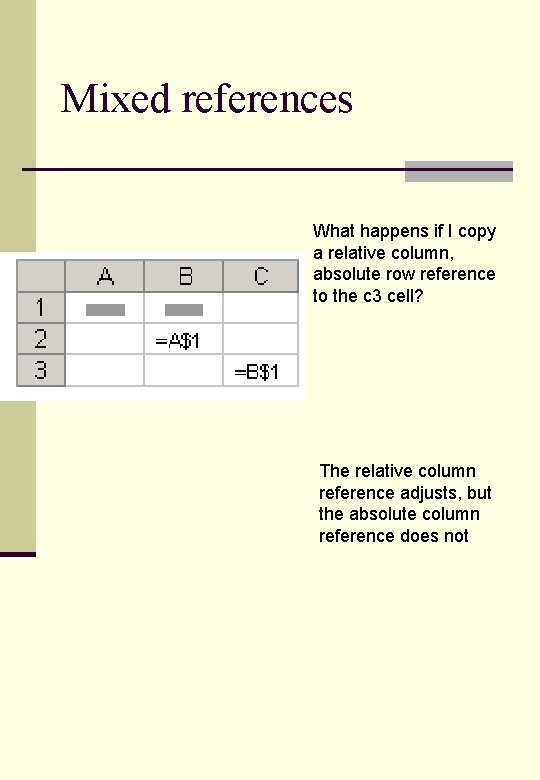 Mixed references What happens if I copy a relative column, absolute row reference to