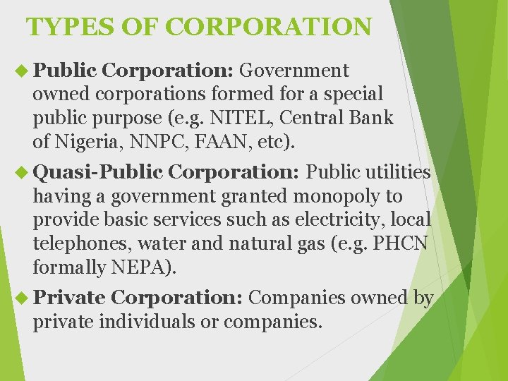 TYPES OF CORPORATION Public Corporation: Government owned corporations formed for a special public purpose