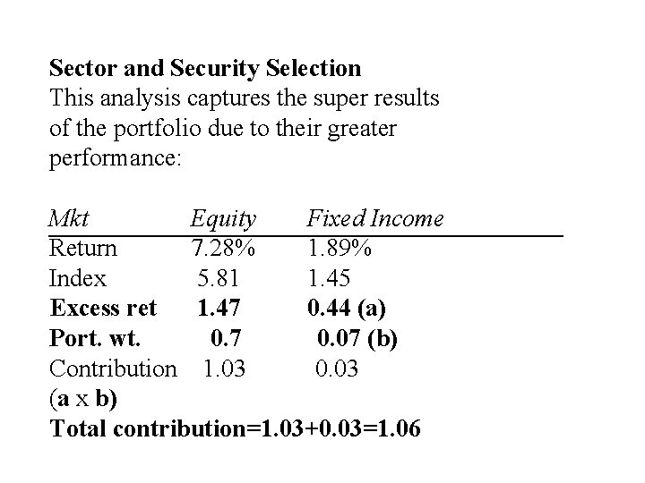 Sector and Security Selection This analysis captures the super results of the portfolio due