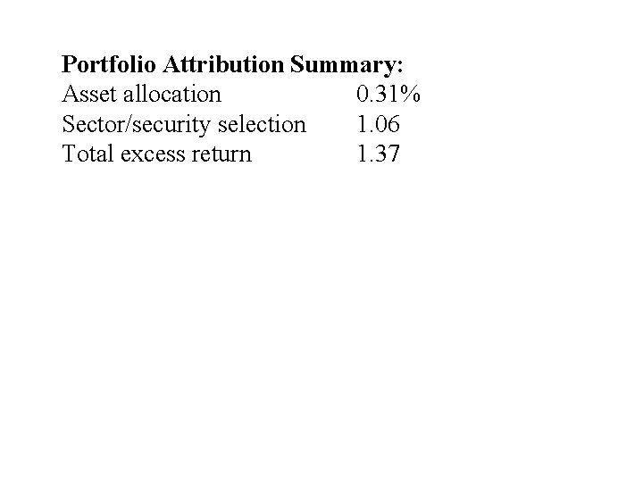 Portfolio Attribution Summary: Asset allocation 0. 31% Sector/security selection 1. 06 Total excess return