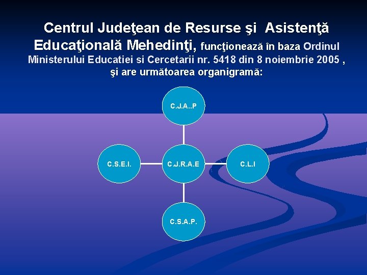 Centrul Judeţean de Resurse şi Asistenţă Educaţională Mehedinţi, funcţionează în baza Ordinul Ministerului Educatiei