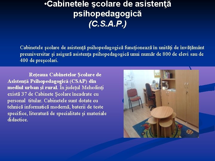  • Cabinetele şcolare de asistenţă psihopedagogică (C. S. A. P. ) Cabinetele şcolare