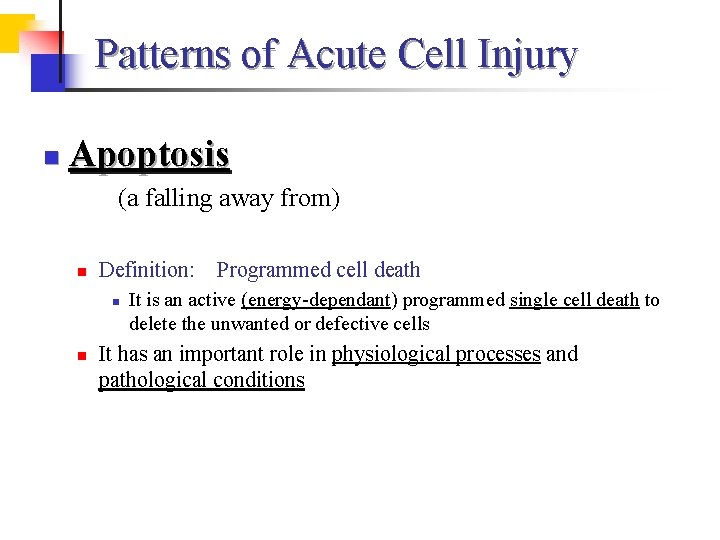Patterns of Acute Cell Injury n Apoptosis (a falling away from) n Definition: n Patterns of Acute Cell Injury n Apoptosis (a falling away from) n Definition: n