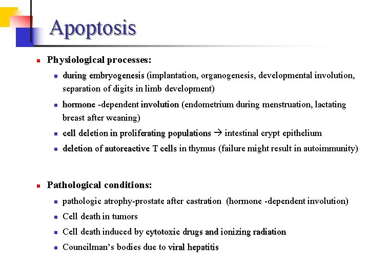 Apoptosis n Physiological processes: n n n during embryogenesis (implantation, organogenesis, developmental involution, separation