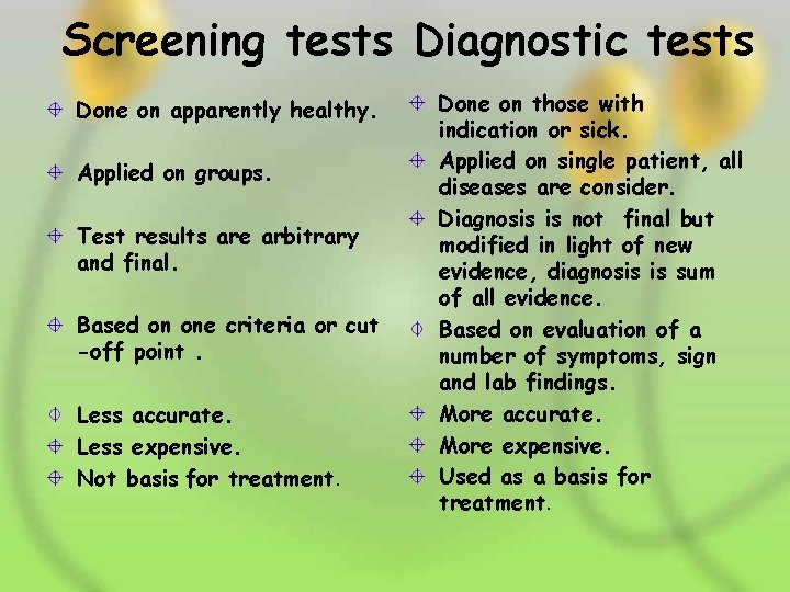 Screening tests Diagnostic tests Done on apparently healthy. Applied on groups. Test results are
