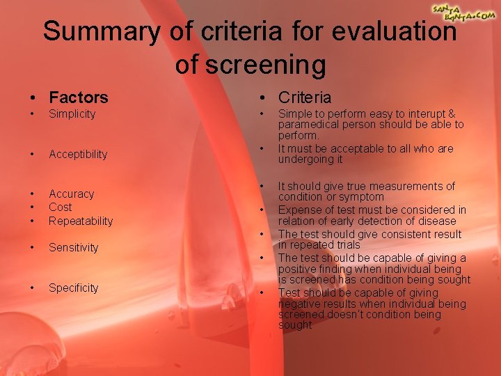 Summary of criteria for evaluation of screening • Factors • Criteria • Simplicity •