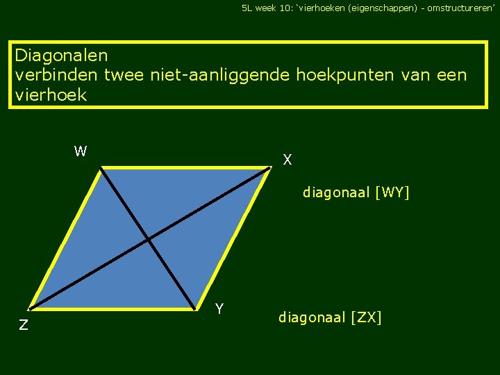 5 L week 10: ‘vierhoeken (eigenschappen) - omstructureren’ Diagonalen verbinden twee niet-aanliggende hoekpunten van
