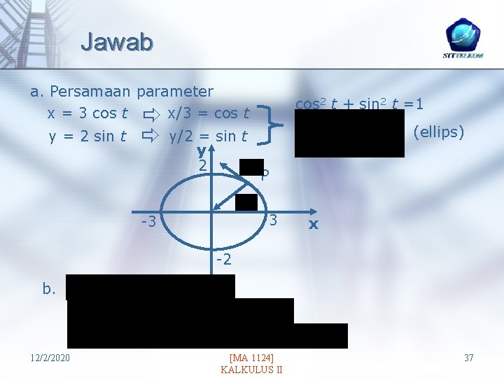 Jawab a. Persamaan parameter x = 3 cos t x/3 = cos t y