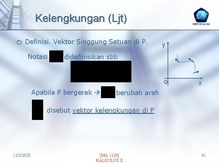 Kelengkungan (Ljt) 0 Definisi. Vektor Singgung Satuan di P. Notasi y didefinisikan sbb o