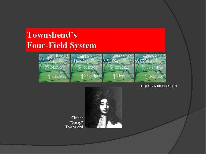 Townshend’s Four-Field System crop rotation example Charles “Turnip” Townshend 