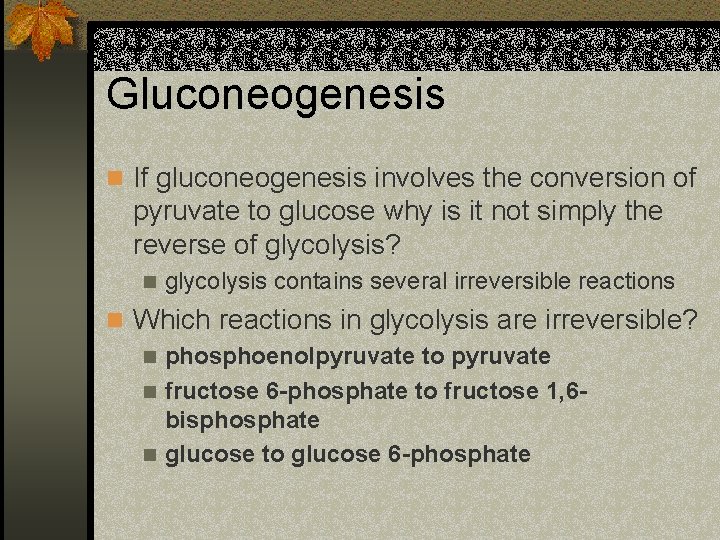 Gluconeogenesis n If gluconeogenesis involves the conversion of pyruvate to glucose why is it