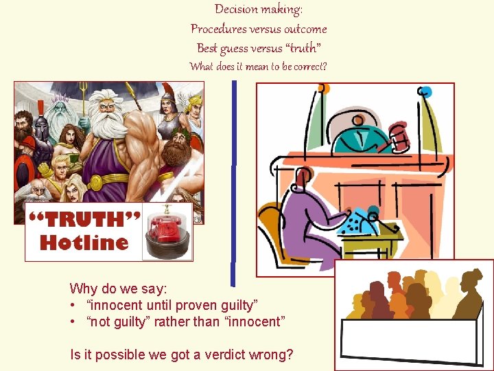 . Decision making: Procedures versus outcome Best guess versus “truth” What does it mean