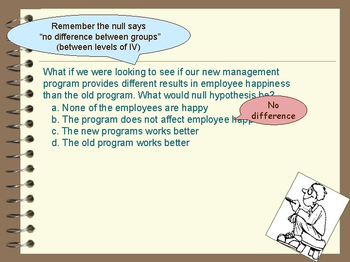 Remember the null says “no difference between groups” (between levels of IV) What if