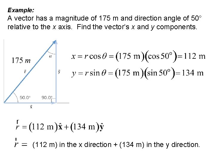 Example: A vector has a magnitude of 175 m and direction angle of 50°