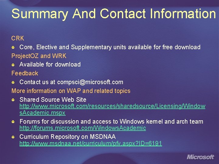 Summary And Contact Information CRK Core, Elective and Supplementary units available for free download