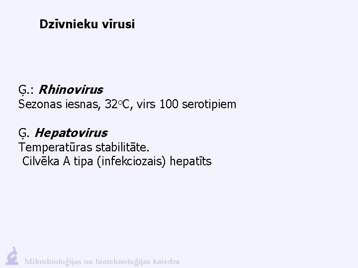 Dzīvnieku vīrusi Ģ. : Rhinovirus Sezonas iesnas, 32 o. C, virs 100 serotipiem Ģ.