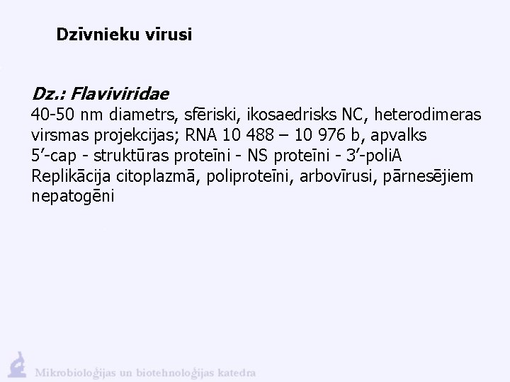 Dzīvnieku vīrusi Dz. : Flaviviridae 40 -50 nm diametrs, sfēriski, ikosaedrisks NC, heterodimeras virsmas
