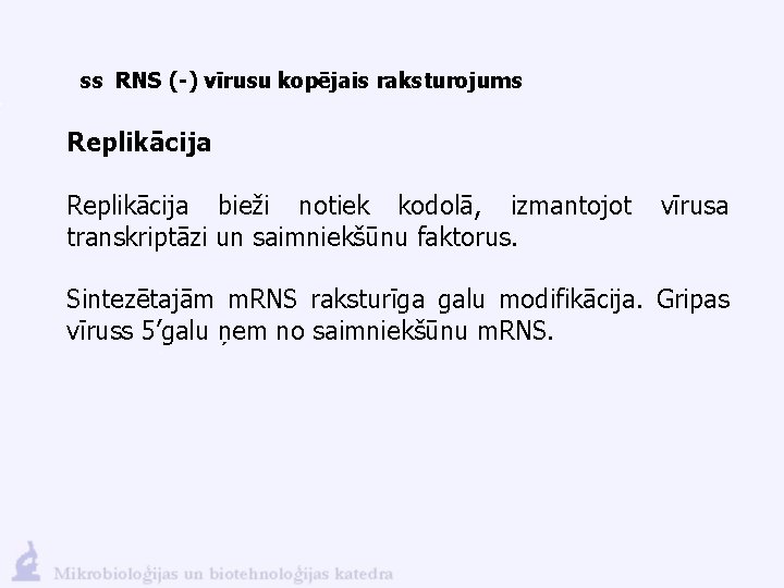 ss RNS (-) vīrusu kopējais raksturojums Replikācija bieži notiek kodolā, izmantojot vīrusa transkriptāzi un