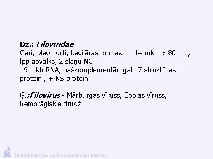 Dz. : Filoviridae Gari, pleomorfi, bacilāras formas 1 - 14 mkm x 80 nm,