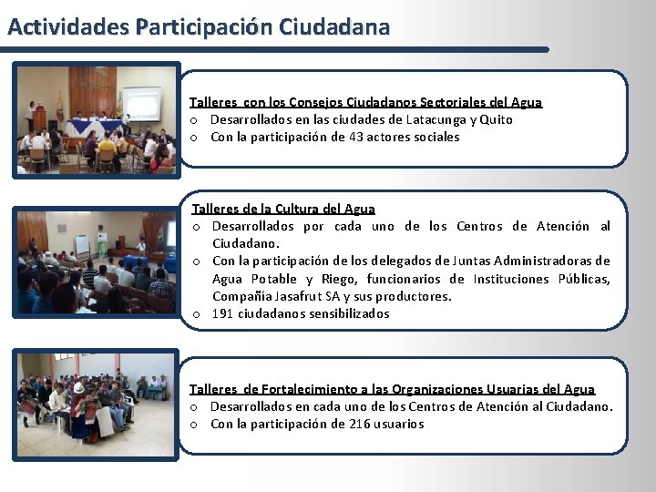 Actividades Participación Ciudadana Talleres con los Consejos Ciudadanos Sectoriales del Agua o Desarrollados en