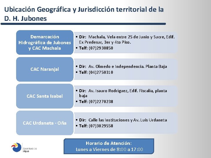 Ubicación Geográfica y Jurisdicción territorial de la D. H. Jubones Demarcación • Dir: Machala,