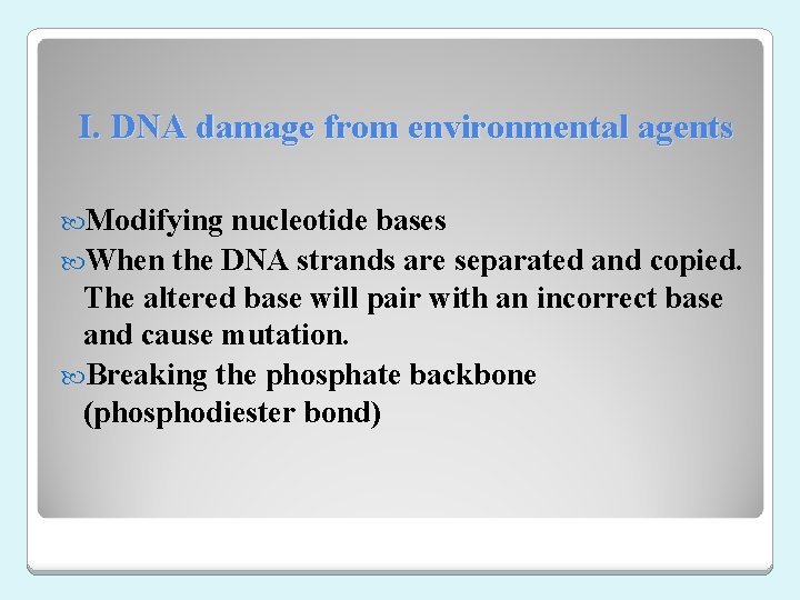 I. DNA damage from environmental agents Modifying nucleotide bases When the DNA strands are