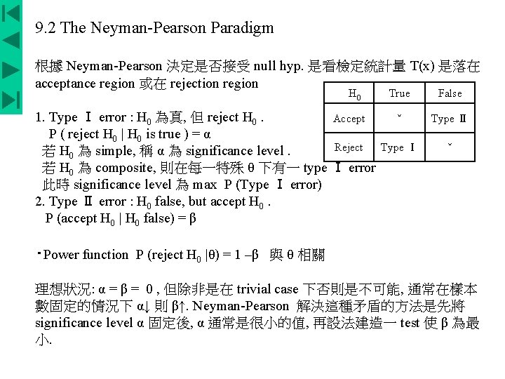 9. 2 The Neyman-Pearson Paradigm 根據 Neyman-Pearson 決定是否接受 null hyp. 是看檢定統計量 T(x) 是落在 acceptance