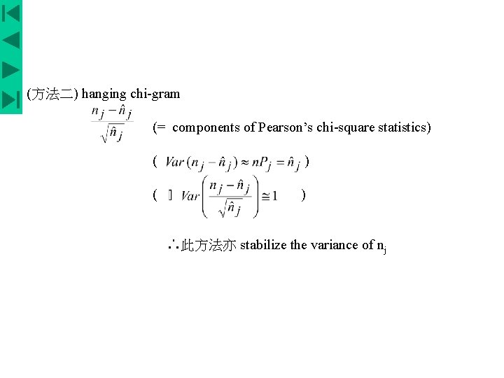 (方法二) hanging chi-gram (= components of Pearson’s chi-square statistics) ( ) ∴此方法亦 stabilize the