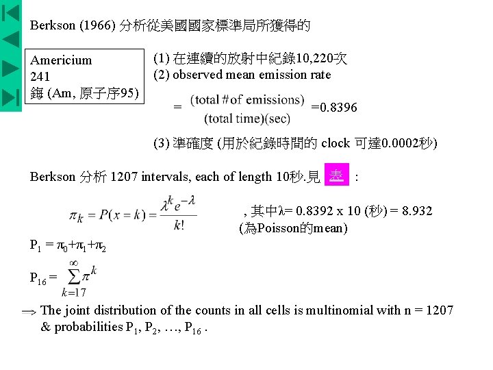 Berkson (1966) 分析從美國國家標準局所獲得的 (1) 在連續的放射中紀錄10, 220次 Americium (2) observed mean emission rate 241 鋂